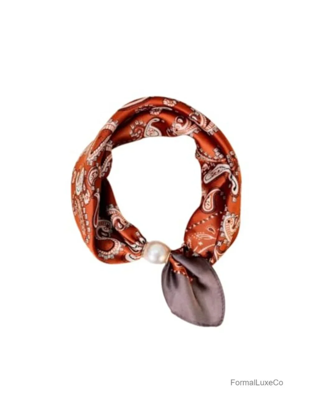 Women's Silk Pearl Magnetic Buckle Scarf Satin Square Neck Scarf with Charm